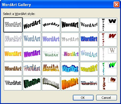 A screenshot from Windows 2000 word art gallery